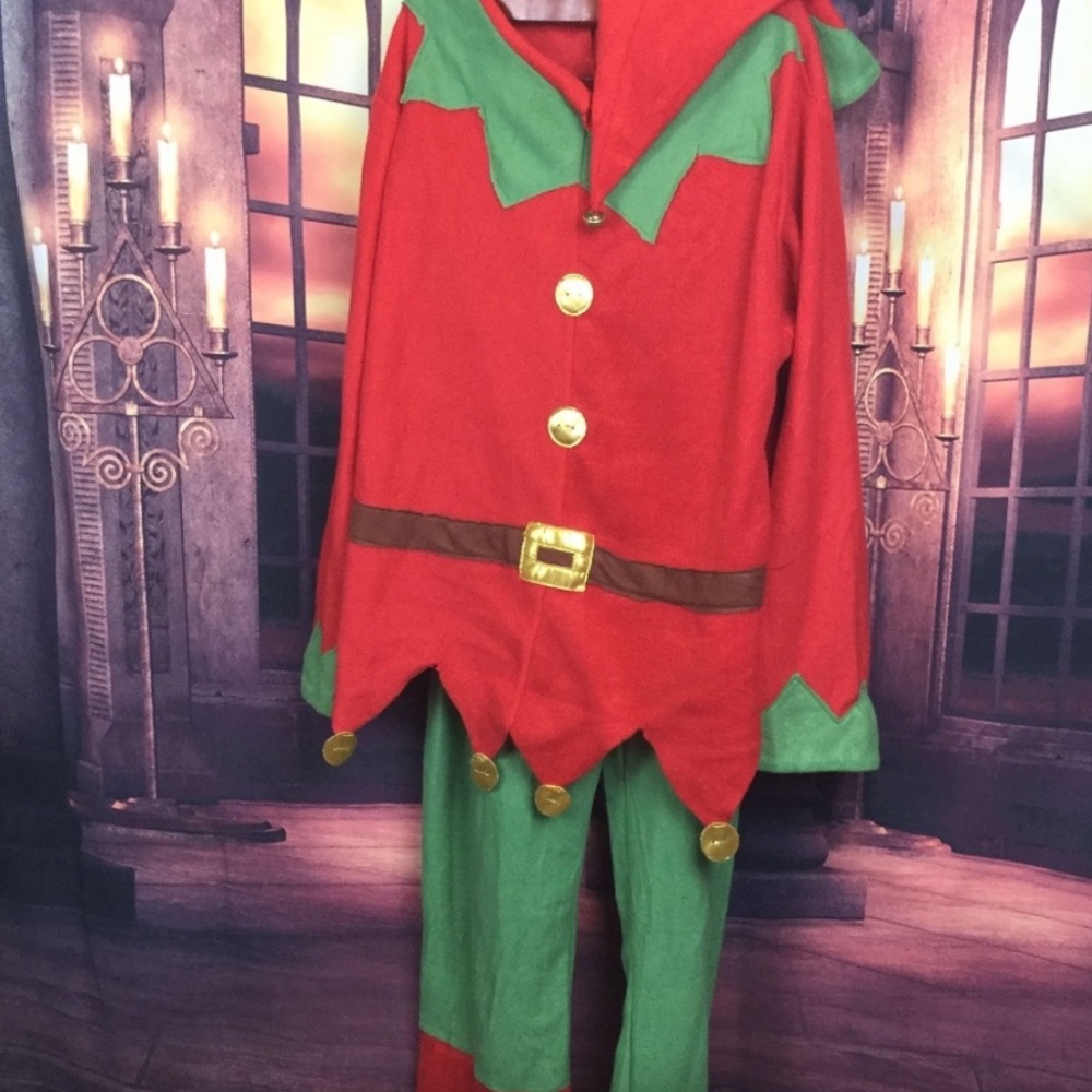 Adult Elf Costume Red and Green Top, Pants and Hat